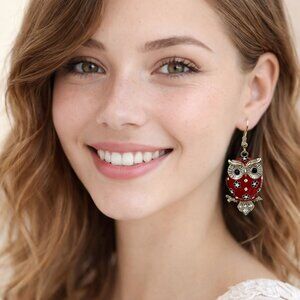 Burgundy Red Enameled Owl Earrings Rhinestones NWT